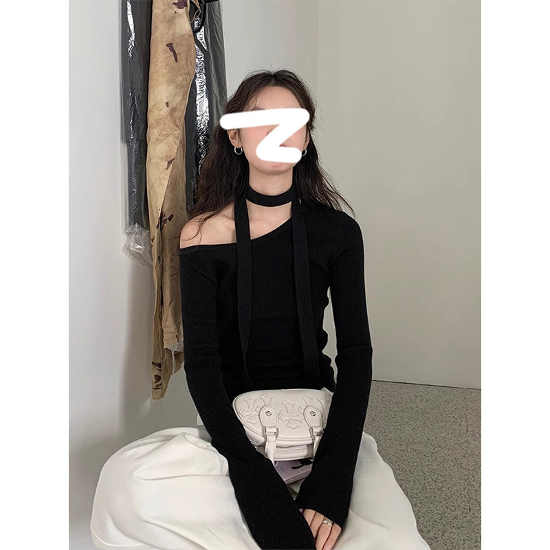 韩系挂脖飘带斜肩露肩针织衫女秋
