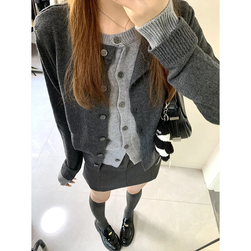 灰色假两件针织开衫女秋冬老钱风穿搭小个子宽松毛衣外套短款上衣