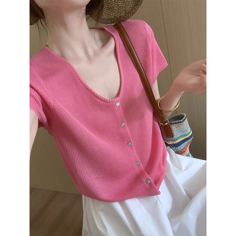 玫粉色u领冰丝短袖针织开衫女夏日穿搭独特漂亮宽松短款t恤上衣薄