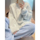 巨好看蓝色水貂绒软糯毛衣女秋冬慵懒宽松内搭针织衫 独特漂亮上衣