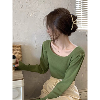 大领口长袖针织衫正肩方领打底衫