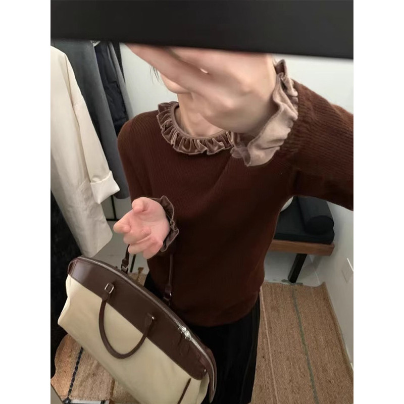 美拉德荷叶领丝绒打底衫内搭毛衣