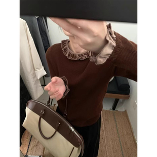 美拉德咖色荷叶领丝绒打底衫女秋冬修身内搭针织衫毛衣老钱风上衣