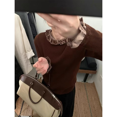 美拉德荷叶领丝绒打底衫内搭毛衣