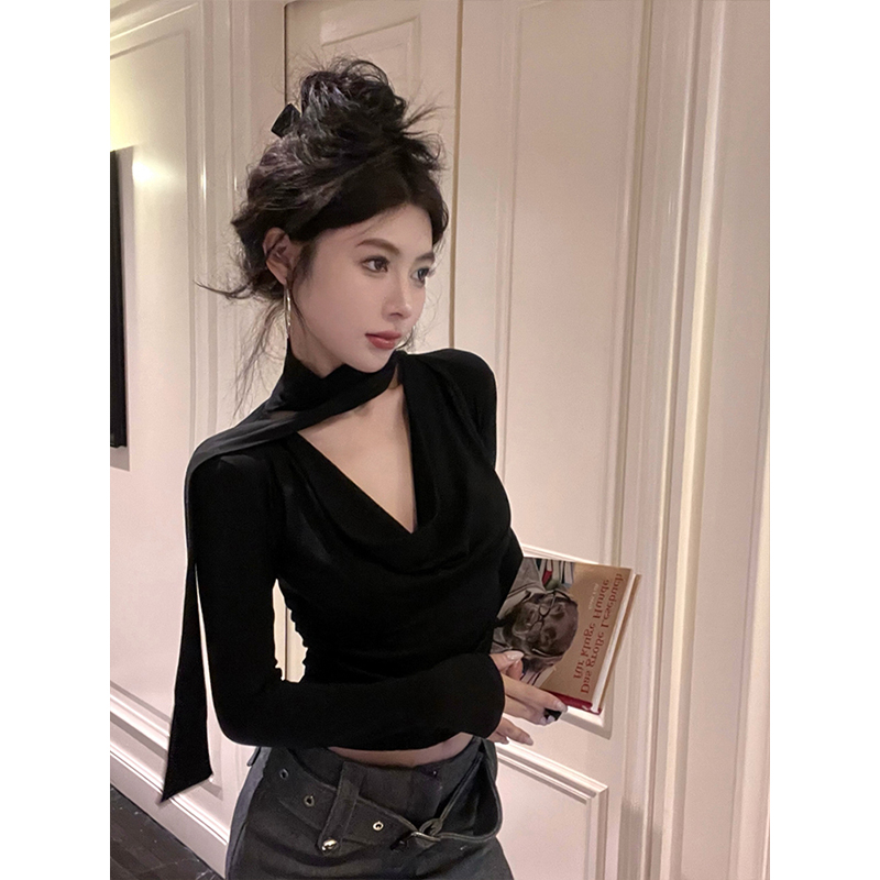 挂脖飘带黑色荡领长袖T恤女内搭