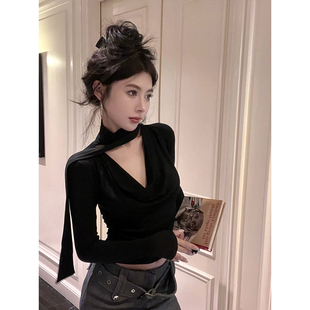 黑色挂脖飘带长袖T恤女秋季辣妹修身荡领打底衫内搭收腰短款上衣