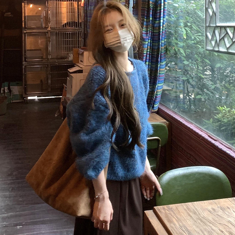巨好看蓝色毛衣宽松加厚针织上衣