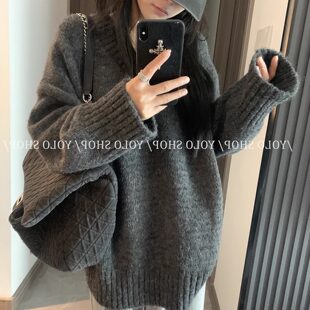 慵懒灰色v领中长款毛衣女秋冬可外穿内搭宽松加厚针织衫韩系上衣