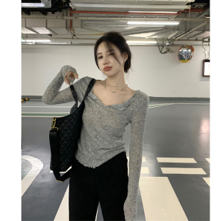 V领打底内搭修身 韩系木耳边微透长袖 薄款 女秋季 正肩短上衣 针织衫