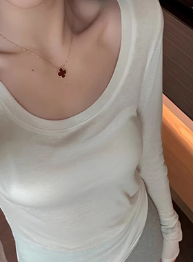 韩系白色大领口修身防晒罩衫女秋季独特漂亮u领微透长袖t恤上衣薄