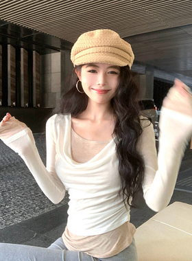 纯欲白色假两件荡领长袖t恤女春秋季设计感修身薄款防晒罩衫上衣