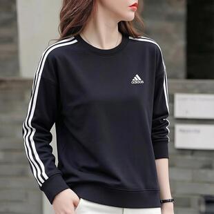 阿迪达斯纯棉卫衣女款春秋季新款圆领百搭上衣长袖三条纹套头衫女