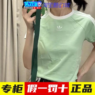 T恤三叶草短袖 24夏季 女装 阿迪达斯绿色短款 运动服透气半袖 JC8705