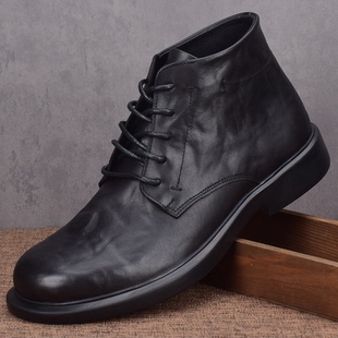 秋冬头层牛皮靴子男款高帮皮鞋厚底加绒保暖中帮马丁靴男真皮软皮