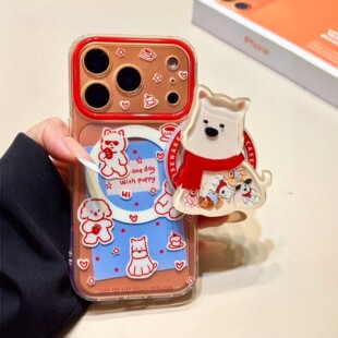 日韩ins可爱涂鸦线条围巾小狗磁吸支架适用iPhone17promax手机壳苹果15pro新款 14防摔15保护套 16摇摇乐13女款