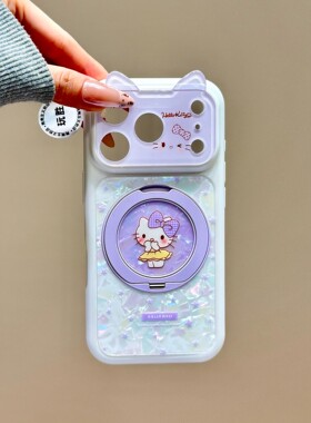 韩系ins可爱紫色贝壳纹猫咪旋转支架适用iPhone17promax手机壳苹果15pro新款16大视窗13女14硬壳15防摔保护套
