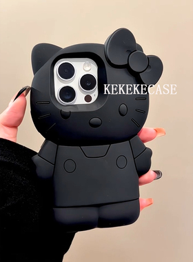 日韩ins可爱卡通黑色kt猫咪适用iPhone17promax手机壳苹果15pro新款14超好看13女款16创意立体硅胶软壳保护套