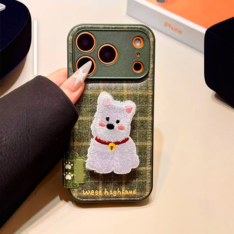 日韩ins复古绿格纹刺绣帕恰狗折叠支架适用iPhone17promax手机壳苹果15pro新款16超好看13女14皮纹防摔保护套