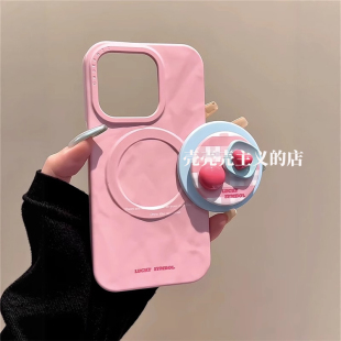 韩系ins粉蓝撞色爱心纽扣磁吸支架适用iPhone16promax手机壳苹果15pro新款 16保护套 14褶皱菲林二合一13少女款