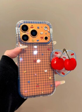 韩系ins蓝色网格拼接爱心樱桃支架适用iPhone17promax手机壳苹果15pro新款14双层13少女款16透明17防摔保护套