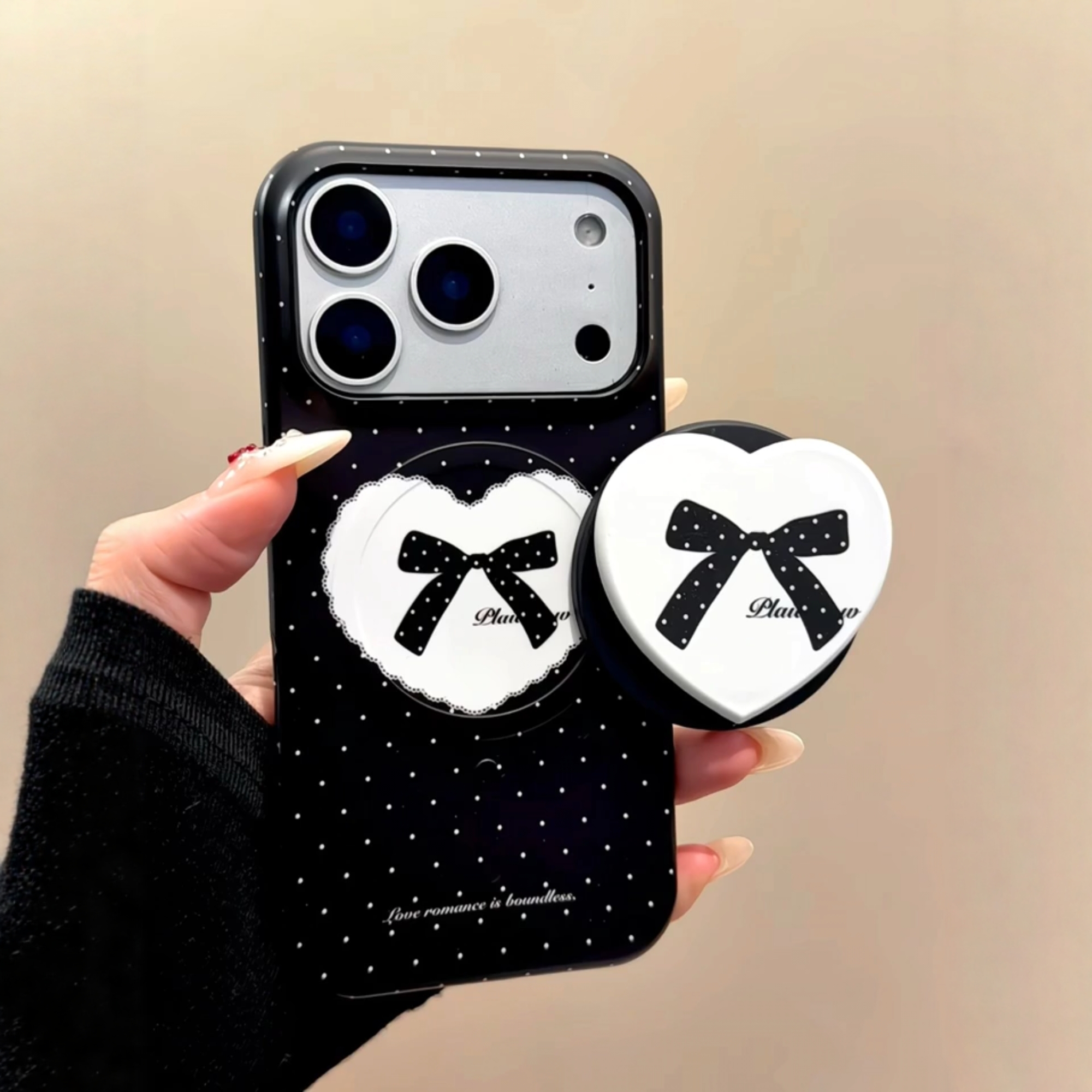 韩系ins暗黑系白色波点蝴蝶结爱心磁吸支架适用iPhone17promax手机壳苹果15pro新款14菲林13女16硬壳15保护套