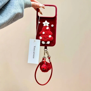 新年ins红色绒布刺绣圣诞树毛球铃铛挂绳适用iPhone17promax手机壳苹果15pro新款 16毛绒茸13女14防摔15保护套