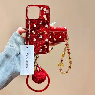 新年红色烟花小马手拎珠链适用airpodspro3保护壳新款airpods4保护套airpods3耳机套pro2耳机壳苹果2代保护壳