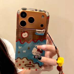 韩系ins冰川纹拉卡通kt猫苹果带挂绳适用iPhone17promax手机壳苹果15pro新款16超好看13女款14创意防摔保护套