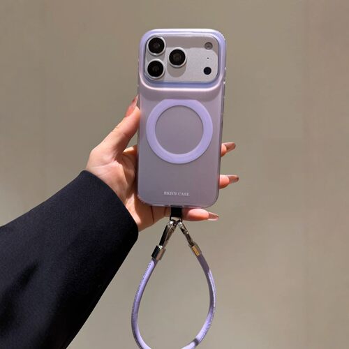 韩风ins温柔紫磁吸壳皮质挂绳适用iPhone17promax手机壳苹果15pro新款14网红超火13小众女款16简约防摔保护套