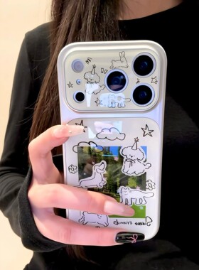 韩系ins滴胶卡通插画小狗电镀边框大视窗适用iPhone17promax手机壳苹果15pro新款14超好看13女款16防摔保护套