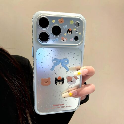 韩系ins灰色泼墨镭射电镀猫咪小狗蝴蝶结适用iPhone17promax手机壳苹果15pro新款16大视窗13女14防摔17保护套