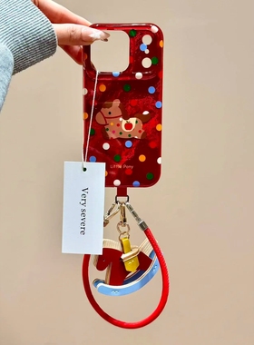 新年ins红色锡纸纹彩色波点小马挂绳适用iPhone17promax手机壳苹果15pro新款14创意13女款16高级感防摔保护套