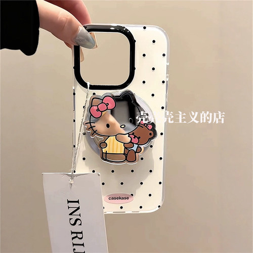 韩系ins波点镜面kitty磁吸支架适用iPhone17promax手机壳苹果15pro新款14双层防摔13少女款16pro超好看保护套