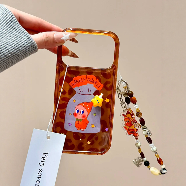 韩系ins棕底豹纹袋装星星男孩带链条适用iPhone17promax手机壳苹果15pro新款16超好看13女款14双层防摔保护套