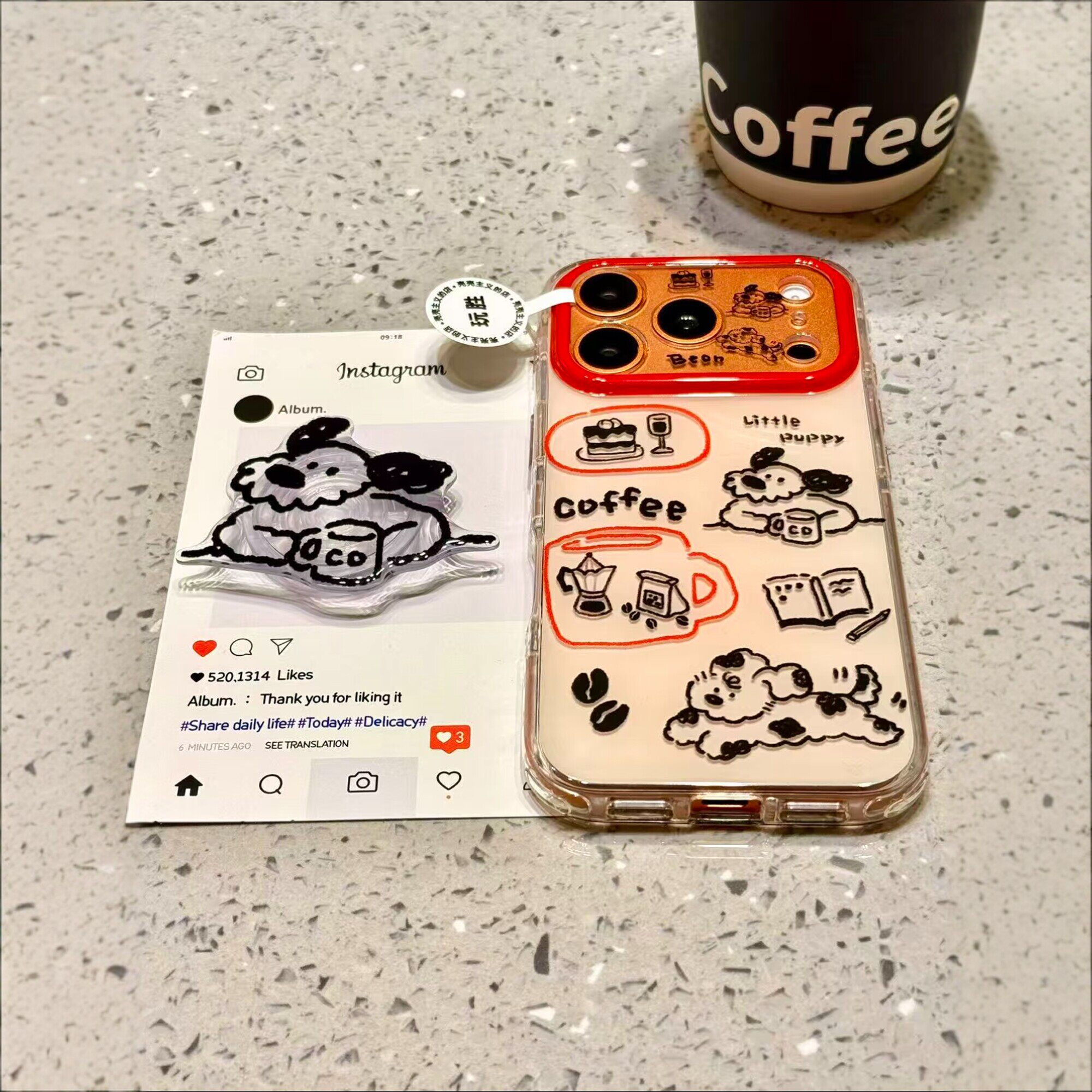 韩国ins可爱涂鸦咖啡狗狗支架适用iPhone17promax手机壳苹果15pro新款16双层13少女14硬壳15创意17防摔保护套