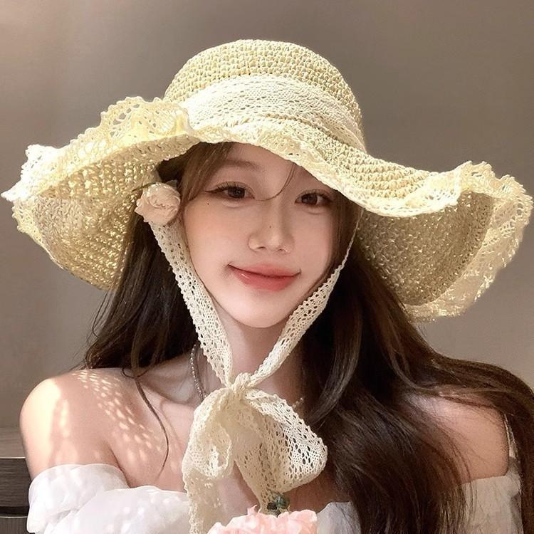2025夏季新款蝴蝶结草编防晒帽亲子沙滩海边度假系带蕾丝遮阳帽