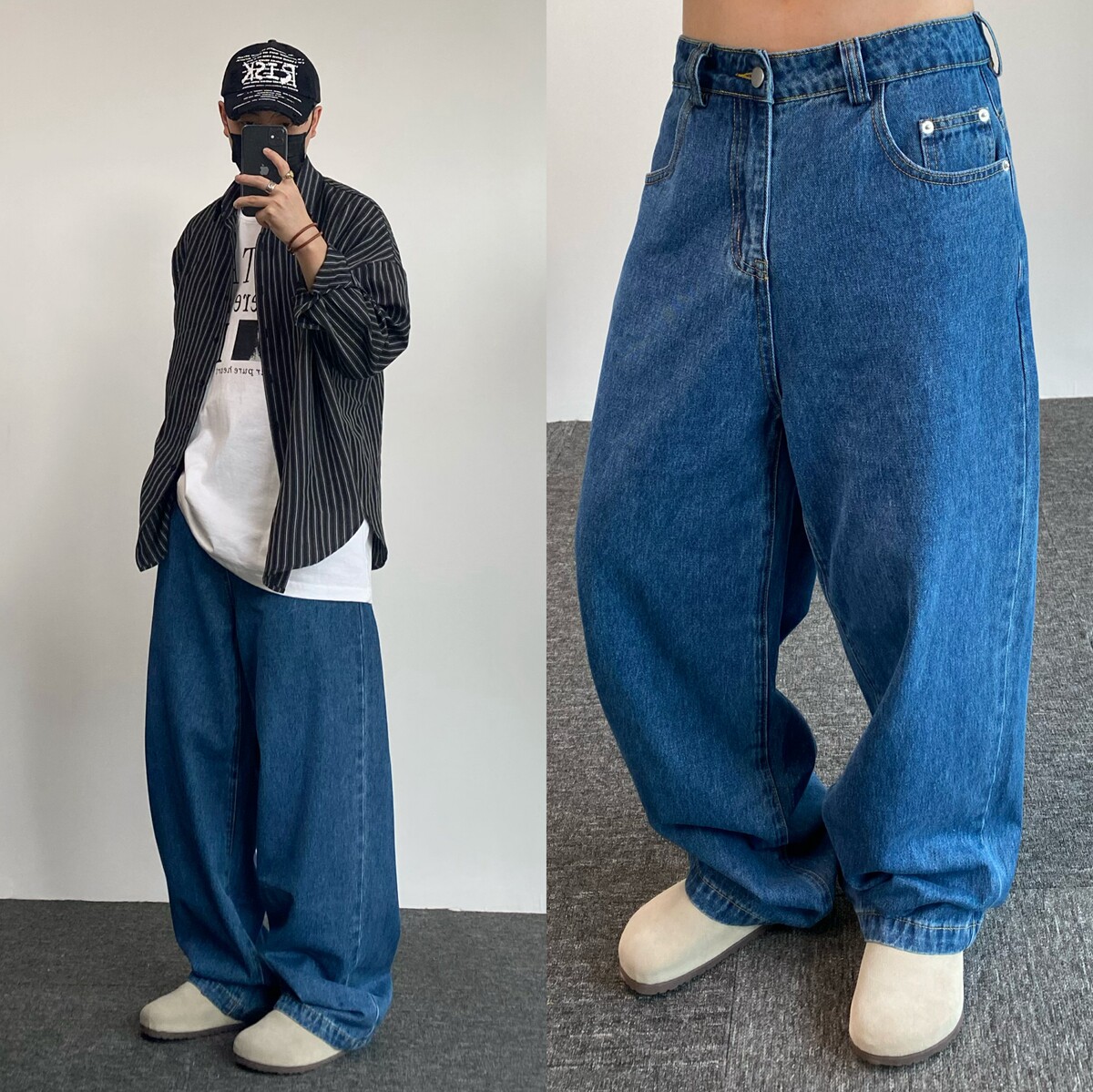 SMDSK EVDY美式复古简约牛仔长裤男女阔腿宽松直筒锥感休闲拖地裤