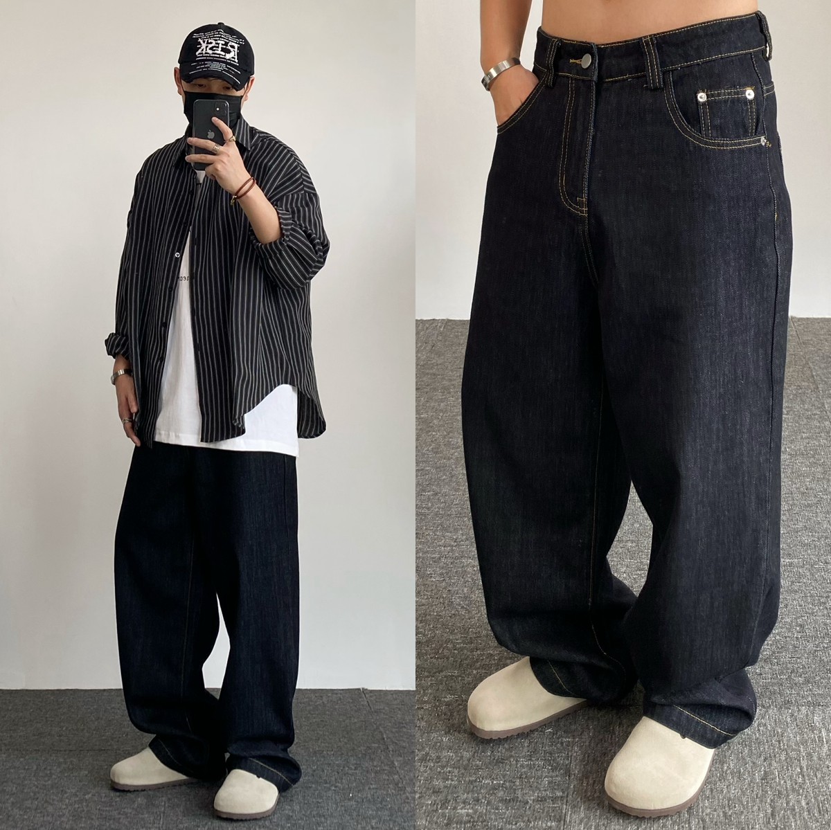 美式复古直筒黑色宽松牛仔裤男