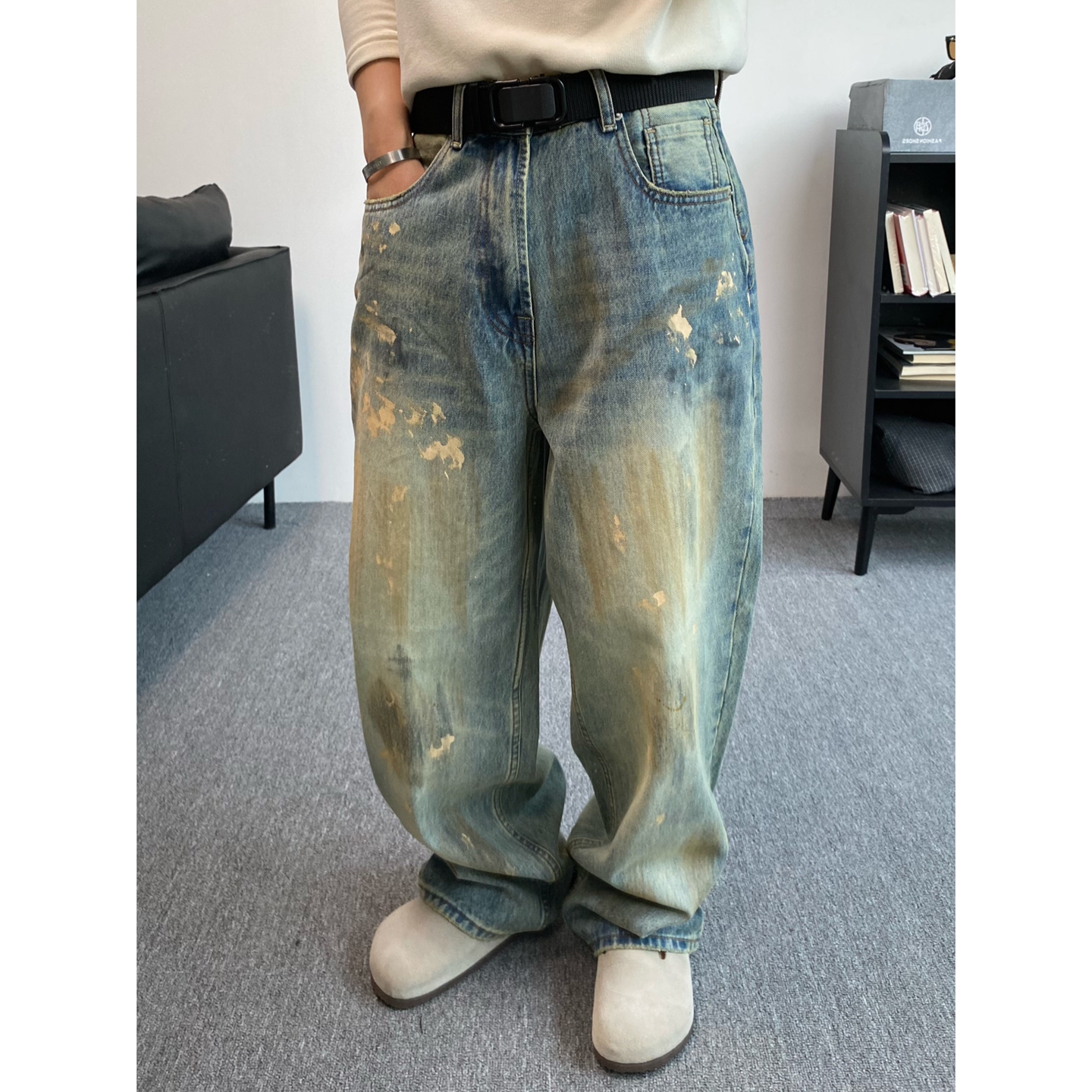 水洗做旧泼墨直筒牛仔裤男潮牌