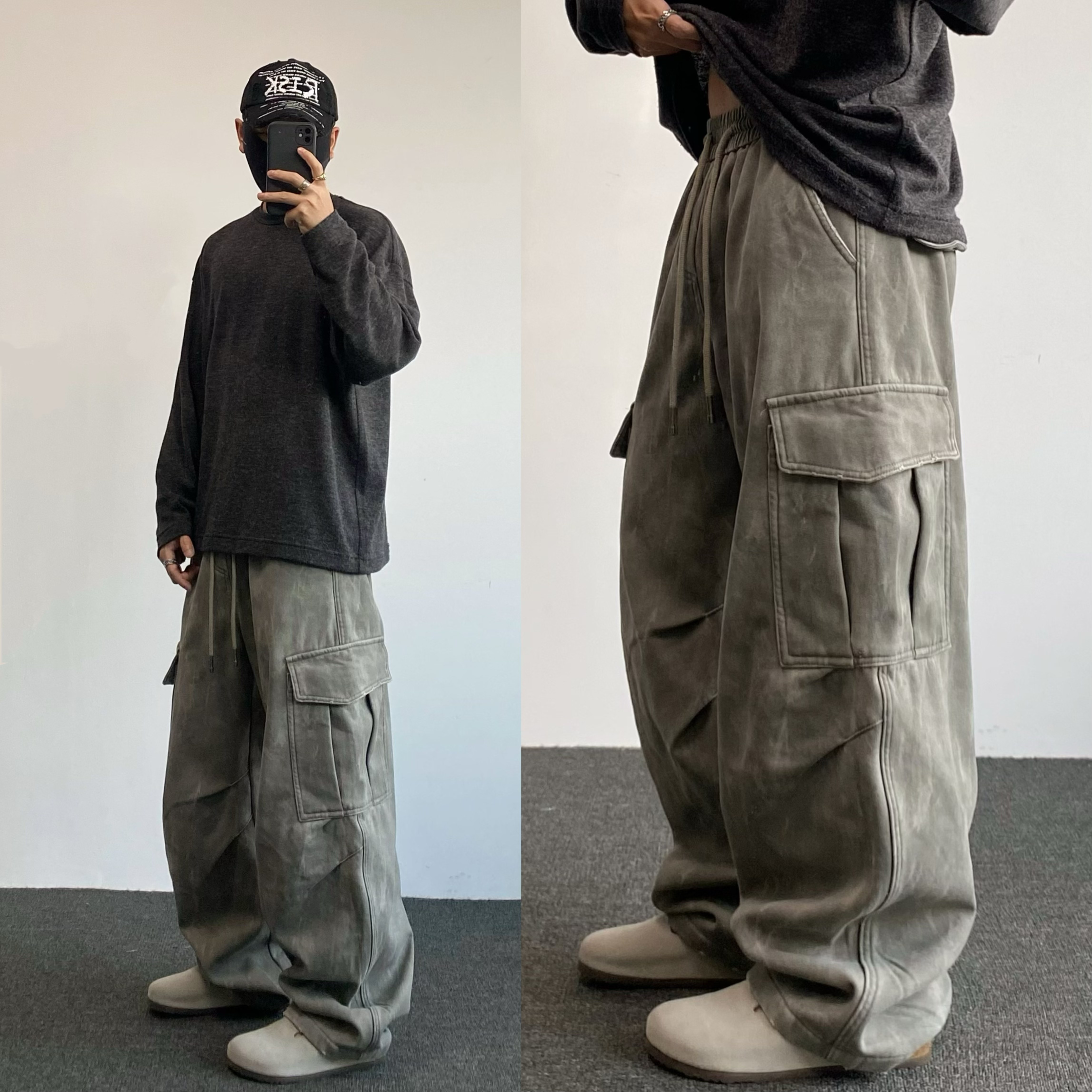 冬季加绒水洗扎染直筒弯刀工装裤男松紧潮牌阔腿垂感宽松休闲长裤,男装,休闲裤,淘宝优惠券,粉丝福利购,淘宝优惠卷