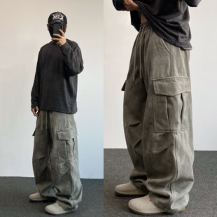 冬季加绒水洗扎染直筒弯刀工装裤男松紧潮牌阔腿垂感宽松休闲长裤