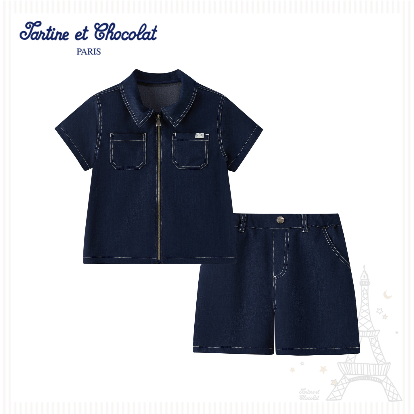 tartineetchocolat法国巧克力童装26夏新男童牛仔短袖短裤两件套