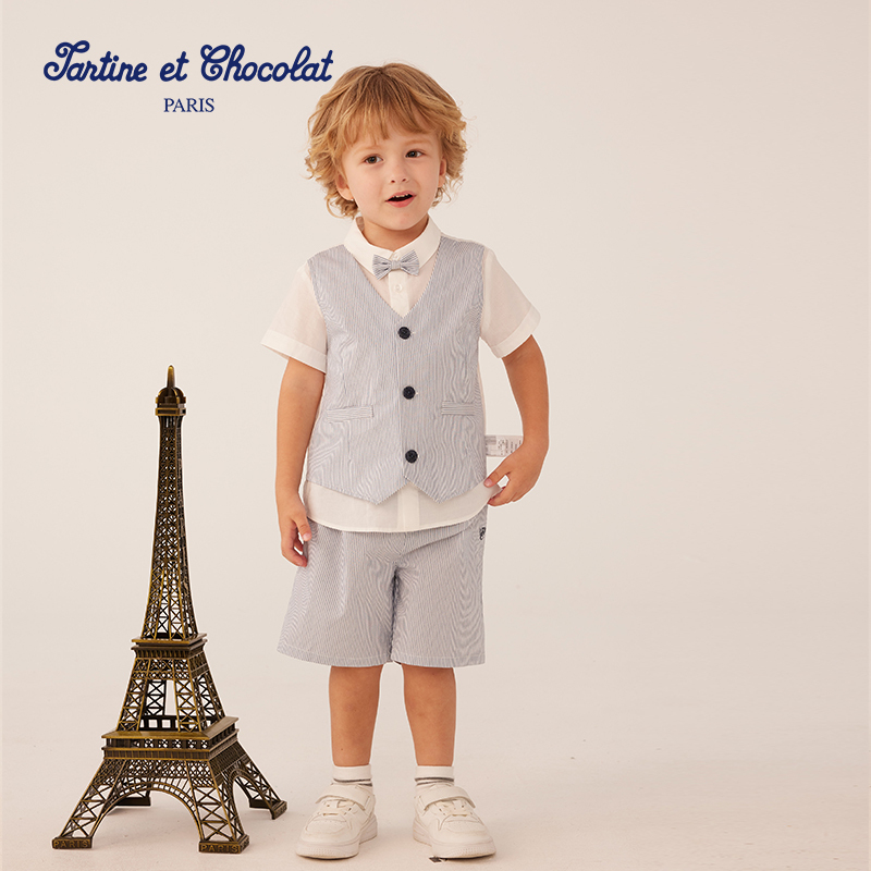 tartineetchocolat法国巧克力童装25夏季新款男童假两件背心套装
