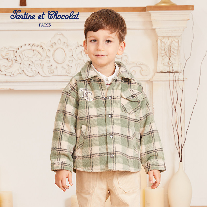 tartineetchocolat法国巧克力童装秋冬男童格纹衬衫夹克外套厚