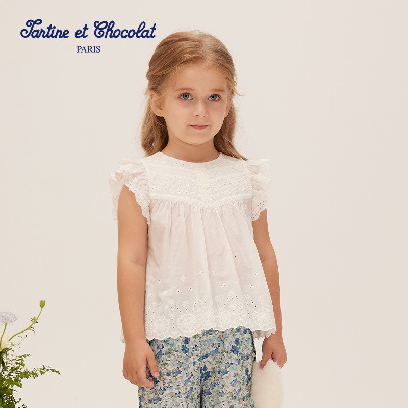 tartineetchocolat法国巧克力童装25夏季新款女童小飞袖圆领衬衫