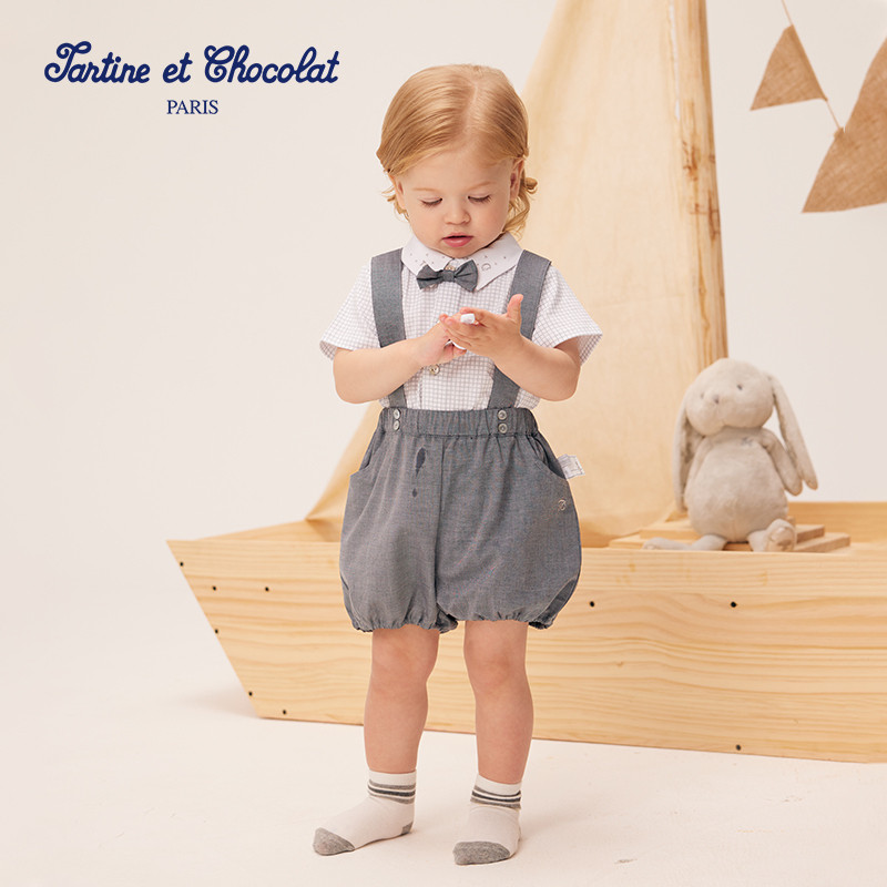 tartineetchocolat法国巧克力童装夏季男婴背带裤两件套装