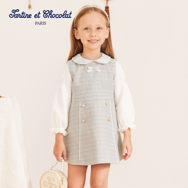 tartineetchocolat法国巧克力童装秋冬女童小香风背心裙公主裙