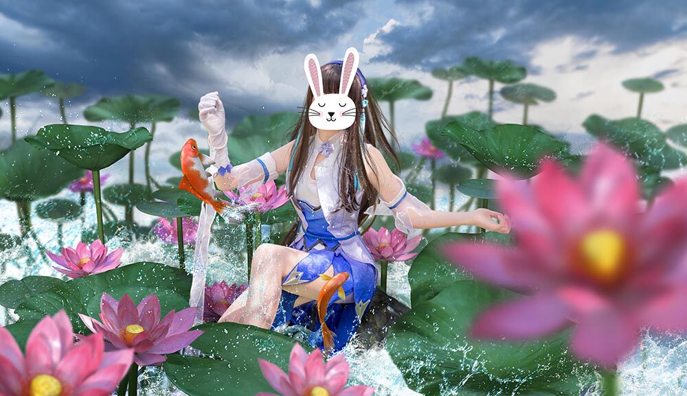 【须臾素材】王者荣耀西施荷花池塘锦鲤水花cos合成psd分层模板