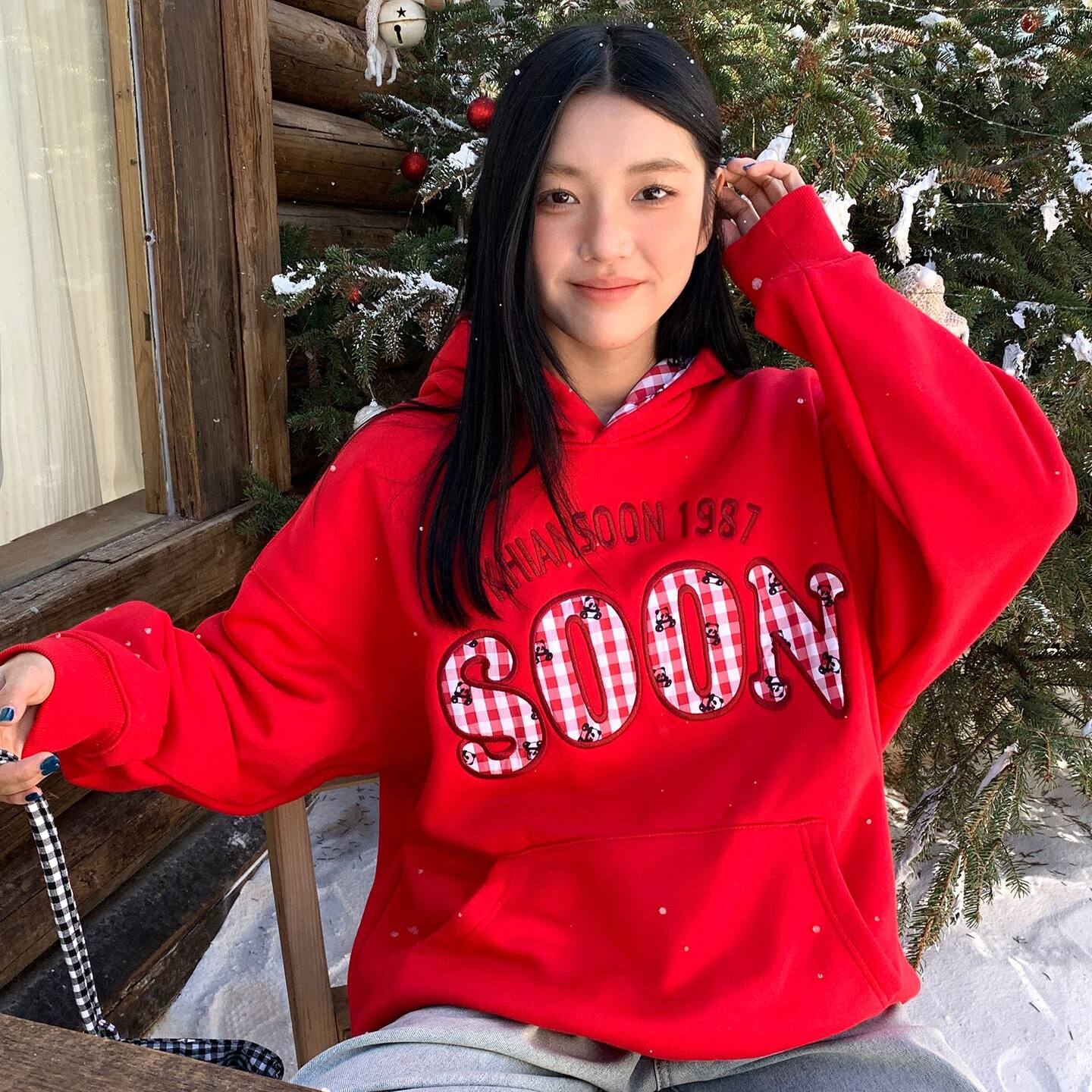 KHIAN SOON秋冬款美式熊猫贴布绣宽松卫衣连帽女套头红色过年2025