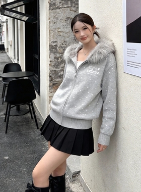 KHIAN SOON美式波点休闲慵懒风针织衫上衣女秋冬连帽毛衣加厚外套